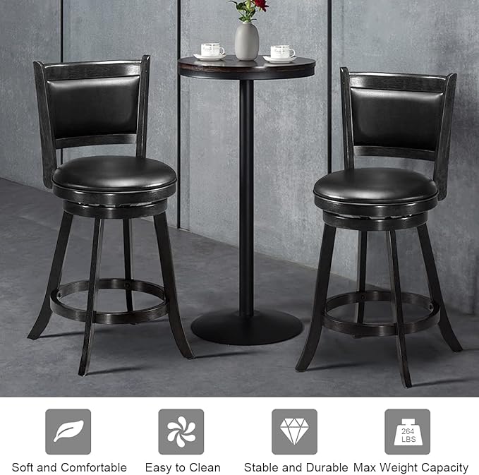 COSTWAY Bar Stools Set of 2, 360 Degree Swivel, Accent Wooden Swivel Back Counter Height Bar Stool, Fabric Upholstered Design, PVC Cushioned Seat (2 stools, Black 24'' Height)