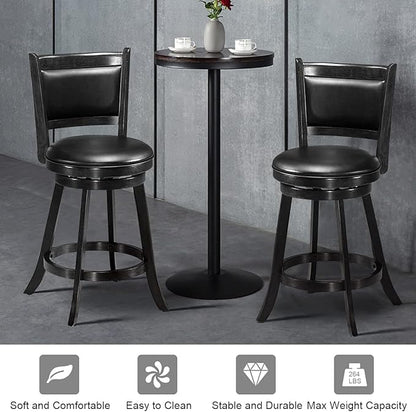 COSTWAY Bar Stools Set of 2, 360 Degree Swivel, Accent Wooden Swivel Back Counter Height Bar Stool, Fabric Upholstered Design, PVC Cushioned Seat (2 stools, Black 24'' Height)