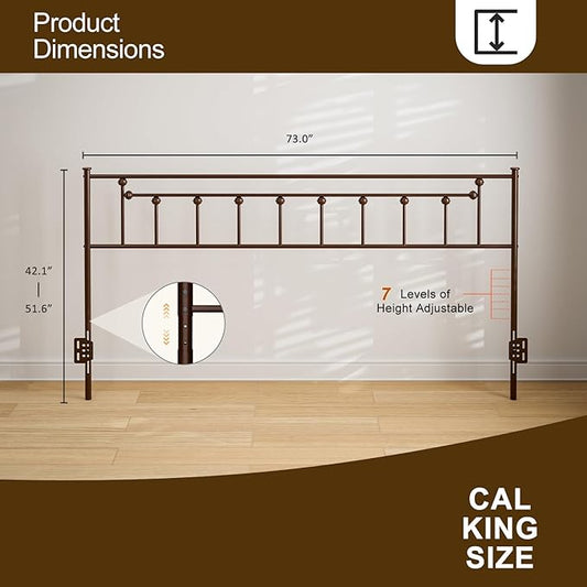 Metal California King Size Headboard - Adjustable Height - Victorian Farmhouse Style, Easy Assembly, Attach Frame, Steel Cal King Headboard Only for Bedroom, Brown