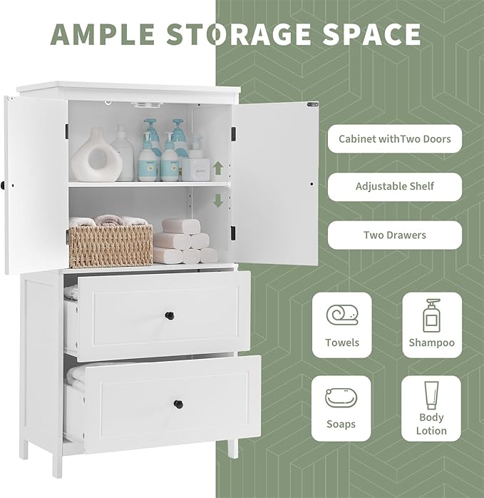 Polibi 43.3" H Storage Cabinet with 2 Doors, 2 Drawers, Adjustable Shelf, Wooden Linen Cabinet for Bathroom, Office, Kitchen, White
