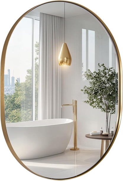 ANDY STAR Oval Bathroom Mirror, 24x32’’ Gold Oval Mirror Pill-Shaped Design in Stainless Steel Metal Frame for Bathroom, Entryway, Living Room, Contemporary 1" Deep Wall Mount Vertical or Horizontal