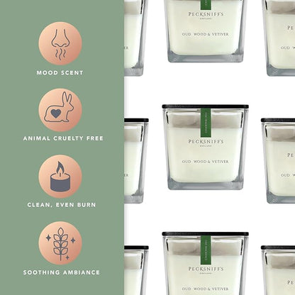 Pecksniff's Prestige 1 Wick Square Candle, Oudwood & Vetiver - Luxurious Blend of Citrus, Florals, and Precious Woods - 190g Sophisticated Home Decor and Fragrance - 6.7 oz