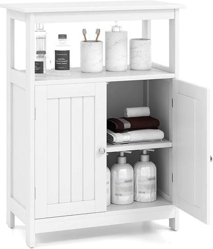 COSTWAY Bathroom Floor Storage Cabinet, Modern Wooden Freestanding Storage Organizer with 2 Doors, 3-Level Adjustable Shelf, for Entryway, Living Room, Kitchen (White)
