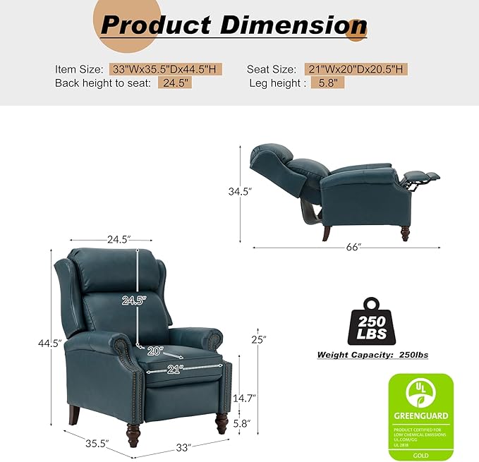 HULALA HOME Genuine Leather Recliner Chair, Traditional Manual Pushback Comfy Seating for Living Room, Thick Cushion & Solid Wood Legs, Wingback Recliner with Nailhead Trim, Turquoise