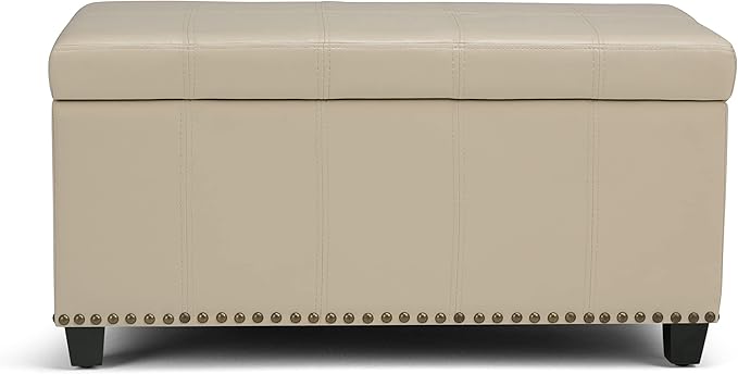 SIMPLIHOME Amelia 33 inch Wide Transitional Rectangle Storage Ottoman Bench in Satin Cream Vegan Faux Leather, Assembled, For the Living Room, Entryway and Family Room