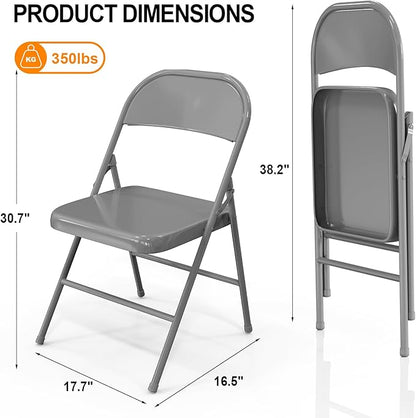 VINGLI Folding Chairs All Steel Metal Frame, Capacity 350 lbs, Durable Portable and Versatile for Indoor Outdoor Use, Gray, Set of 8