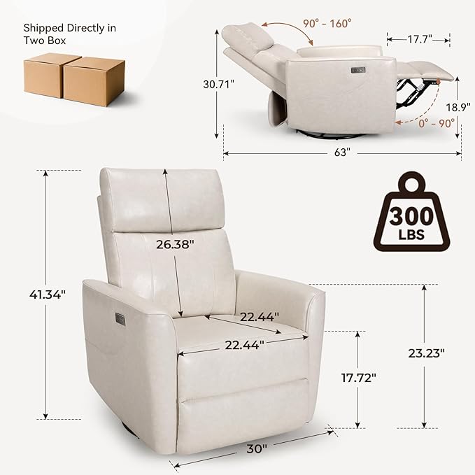 Himimi Power Massage Recliner Chair, Oversized Swivel Rocker Chair with Massage and Heat, Glider Recliner for Adults, USB Charging, Side Pocket, Nursery, Living Room, Bedroom, Ivory