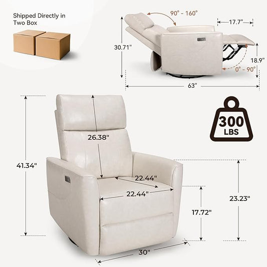 Himimi Power Massage Recliner Chair, Oversized Swivel Rocker Chair with Massage and Heat, Glider Recliner for Adults, USB Charging, Side Pocket, Nursery, Living Room, Bedroom, Ivory