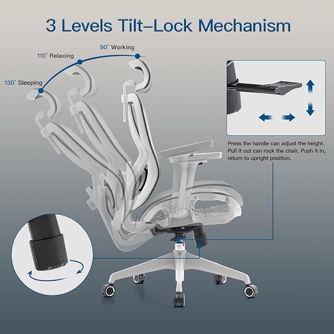 Ergonomic Office Chair with Lumbar Support, 3D Adjustable Armrest, Mesh Home Office Desk Chairs, Swivel Computer Chair, High Back Reclining Executive Office Chair,400lbs Capacity (Grey)