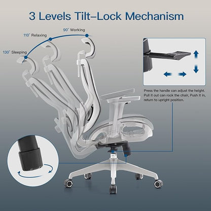 Ergonomic Office Chair with Lumbar Support, 3D Adjustable Armrest, Mesh Home Office Desk Chairs, Swivel Computer Chair, High Back Reclining Executive Office Chair,400lbs Capacity (Grey)