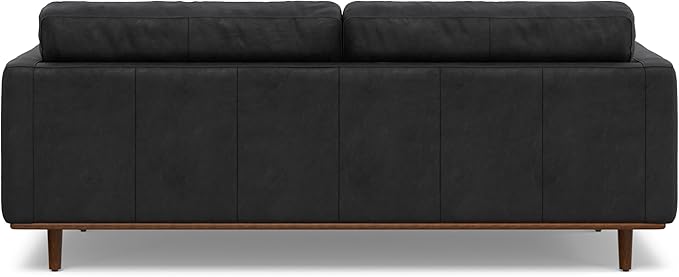 SIMPLIHOME Morrison 89-inch Wide Sofa in Lead Black Genuine Leather, Mid-Century Modern Design Couch for Living Room, Single Bench Cushion, 2 Back Cushions, 2 Bolster Pillows