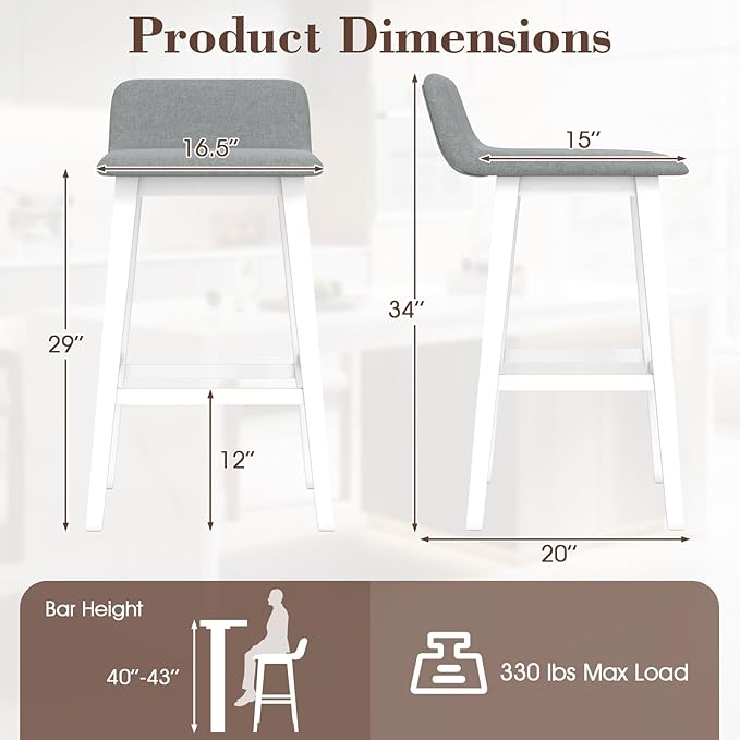 COSTWAY Wooden Bar Stools Set of 2, 29-inch Height Upholstered Padded Seat, Low Backrest, Footrest, Rubber Wood Legs, Armless Bar Chairs for Kitchen Counter Island, Dining Room, White+Gray