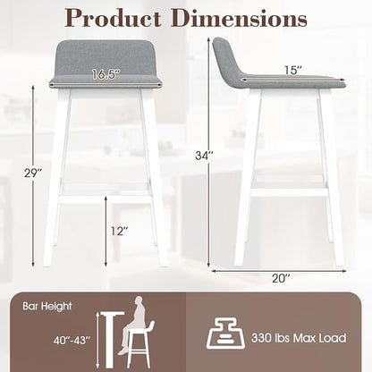 COSTWAY Wooden Bar Stools Set of 2, 29-inch Height Upholstered Padded Seat, Low Backrest, Footrest, Rubber Wood Legs, Armless Bar Chairs for Kitchen Counter Island, Dining Room, White+Gray