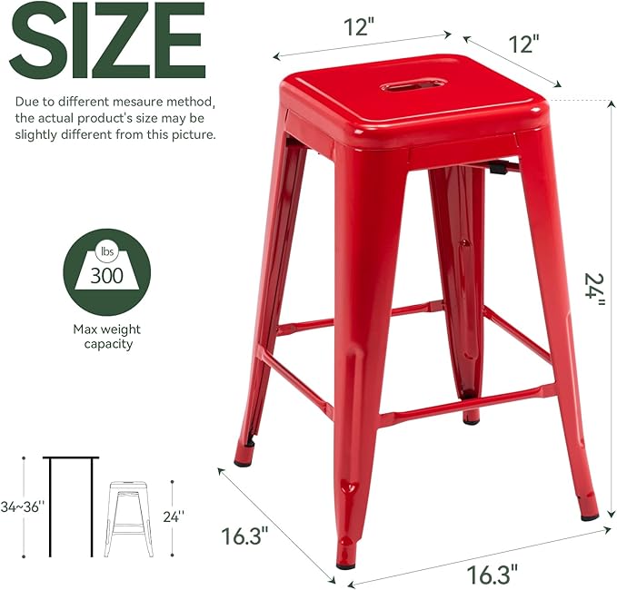 Vogue Furniture Direct 24 Inch Metal Bar Stools, Backless Counter Height Barstools, Indoor Outdoor Stackable Stools with Square Seat, Set of 2 (Red)