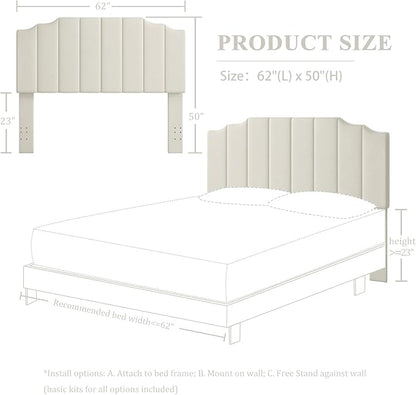 Queen Size Headboard Only, Velvet Wall Mounted Headboard Queen/Full Size for Adjustable Bed, Modern Vertical Channel Design with Curved Tufted Upholstered Head Board, Cream