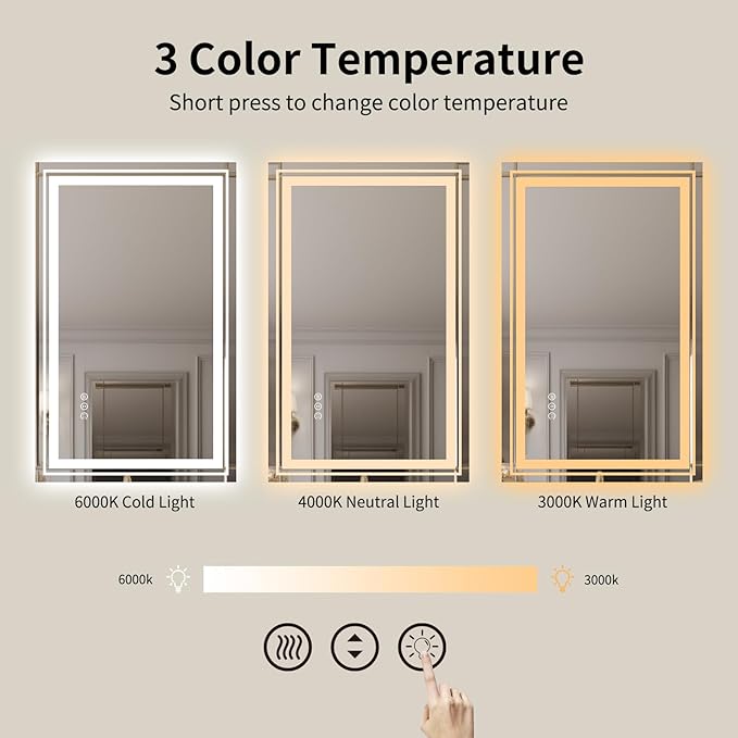 WTTY 48x30 LED Bathroom Mirror with Lights, Front and Backlit Lighted Bathroom Vanity Mirrors for Wall, Dimmable Wall Mirrors for Bathroom, Anti-Fog, Memory, Shatter-Proof, Double LED Vanity Mirror