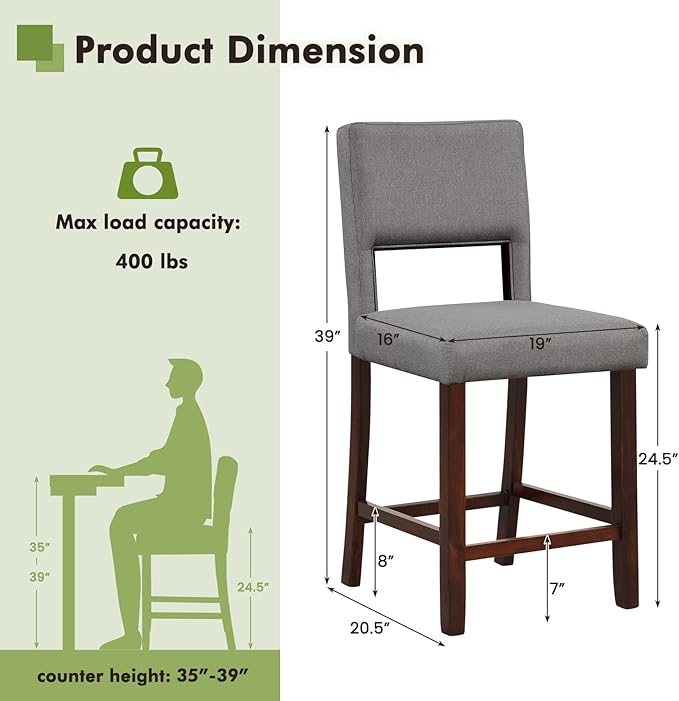 COSTWAY Bar Stools Set of 4, Linen 24.5 Inch Counter Height Chairs with Hollowed Backs, Rubber Wood Legs, Upholstered Barstools for Kitchen Island Home Bar Pub Dining Room, Beige