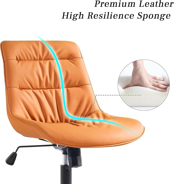 Kidol & Shellder Faux Leather Office Chair, Adjustable Swivel Height Task Chair, Rolling Wheels & Soft Backrest - Armless Ergonomic Desk Chair for Home, Office,Vanity,Gaming（Orange）