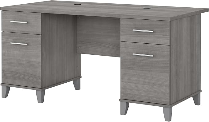 Bush Furniture 60-inch Home Office Desk with Drawers, Large Computer Table with Storage, Transitional Style, Somerset Collection, Platinum Gray
