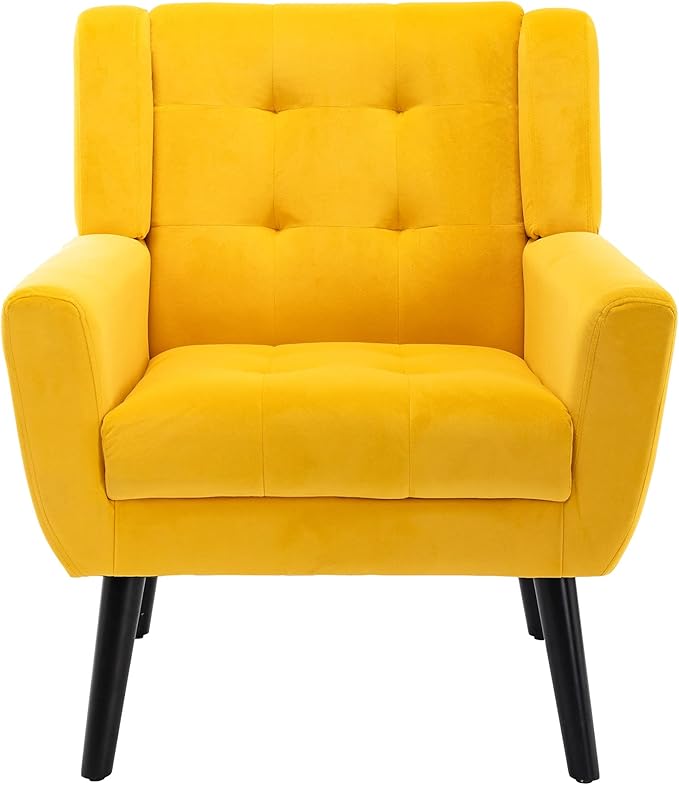 Dolonm Midcentury Modern Accent Chair with Arms, Upholstered Fabric Reading Side Chair Tufted Back Decorative Wingback Chair for Living Room Bedroom (Yellow)
