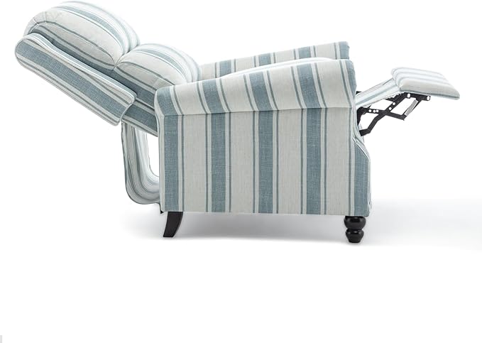 Pushback Recliner Chairs Set of 2, Comfy Fabric Wingback Recliner Chair, Upholstered Armchair Push Back Recliner with Wood Legs, Rivet Trim Accent Chair for Living Room, Bedroom, Blue Stripe