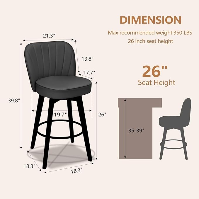 MINCETA Bar Stools Set of 4, PU Leather Barstools, 26 Inch Upholstered Counter Stools with Backrest and Footrest, Swivel Counter Height Barstools for Kitchen Island Home Bar Dark Gray