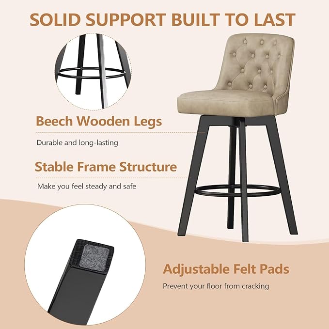 MINCETA Bar Stool, PU Leather Barstool, 30 Inch Upholstered Counter Stool with Low Tufted Back and Footrest, Swivel Counter Height Barstool for Kitchen Island Home Bar Khaki