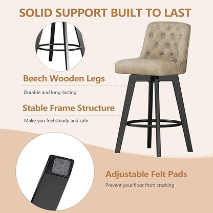 MINCETA Bar Stool, PU Leather Barstool, 30 Inch Upholstered Counter Stool with Low Tufted Back and Footrest, Swivel Counter Height Barstool for Kitchen Island Home Bar Khaki