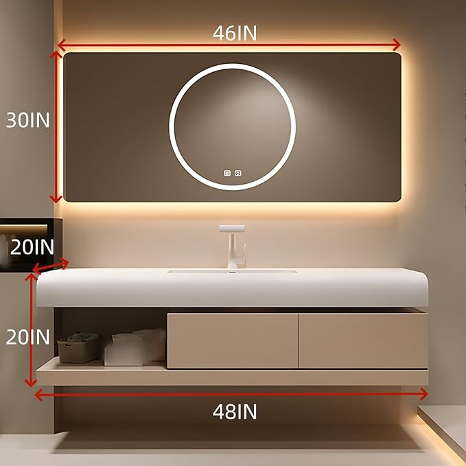 48IN Bathroom Vanity with Sink - Bathroom Cabinet Set has 2 Drawers & Overflow Hole Wall Mounted | LED Practical Defogging Mirror, Open Compartments, Seamless Rock Slab Basin (Khaki)