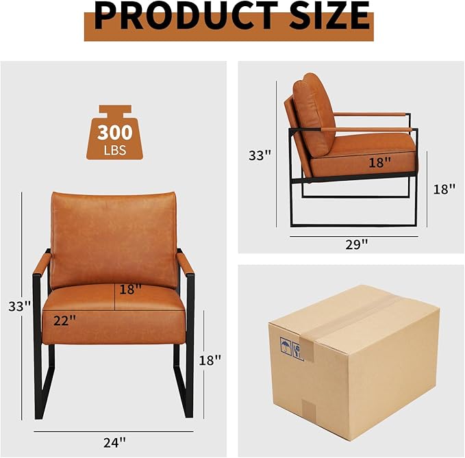 CANMOV Mid Century Modern Accent Chair, PU Leather Armchair with Metal Frame,Comfy Single Reading Chair with Soft Padded Backrest and Cushion for Living Room, Bedroom,Reading Room,Office,Brown