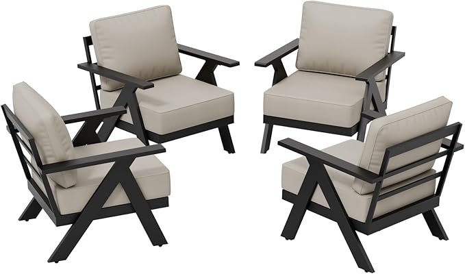 COOS BAY Iron Luxe Modern Outdoor Patio Chairs Set of 4, Lounge Accent Chairs for Backyard, Deck, Porch, Garden, Black/Beige