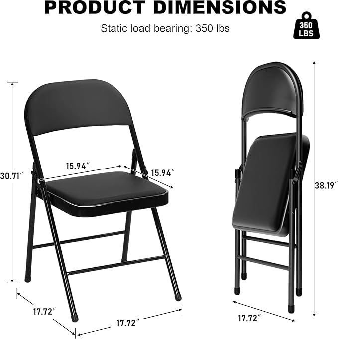 12 Pack Black Folding Chairs with Padded Cushion for Outside, Portable Stackable Commercial Metal Foldable Chairs with Steel Frame for Home Events Office Wedding Party, 350lbs Capacity