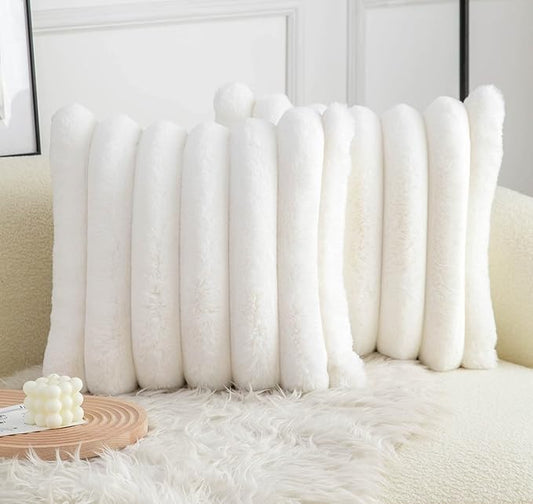 Neelvin Cream White Faux Fur Cozy Soft Striped Decorative Throw Pillow Covers 26x26 inch Set of 2,Velvet Pillowcase Cushion Case for Sofa Couch