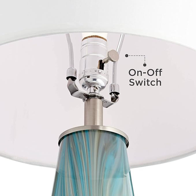 Possini Euro Design Jaime Coastal Table Lamp 26" High with Square White Marble Riser Blue Gray Art Glass White Drum Shade for Bedroom Living Room Nightstand Bedside Night Stand Office Kids Room