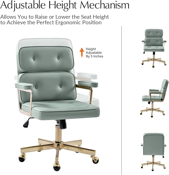 HULALA HOME Faux Leather Office Desk Chair with Golden Metal Legs, Comfy Upholstered Computer Chair with Tufted Backrest & Thick-Cushion Padded Armrest, Height Adjustable and 360°Swivel, Sage