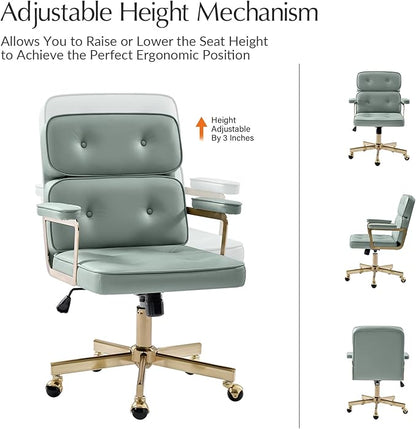 HULALA HOME Faux Leather Office Desk Chair with Golden Metal Legs, Comfy Upholstered Computer Chair with Tufted Backrest & Thick-Cushion Padded Armrest, Height Adjustable and 360°Swivel, Sage