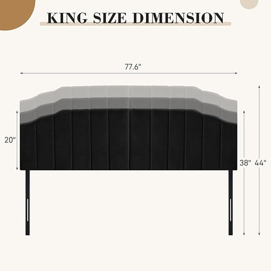 Upholstered Headboard Adjustable Height Queen/King Headboard Cream Velvet Tufted Modern Vertical Channel Design with Stepped Silhouette Top Edge(Black King)