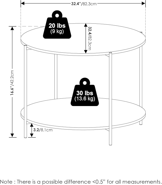 Furinno BESI Coffee Table, 2-Tier Round Modern Coffee Table with Metal Legs, Metal Frame Side Table with Open Shelf, for Living Room, Bedroom, Home Office, Marble White