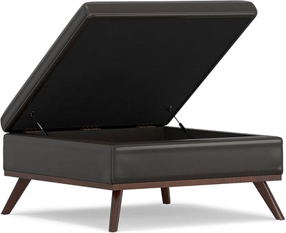 SIMPLIHOME Owen 36 inch Wide Mid Century Modern Square Coffee Table Storage Ottoman in Tanners Brown Vegan Faux Leather, Assembled, for the Living Room, Entryway and Family Room