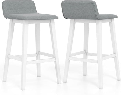 COSTWAY Wooden Bar Stools Set of 2, 29-inch Height Upholstered Padded Seat, Low Backrest, Footrest, Rubber Wood Legs, Armless Bar Chairs for Kitchen Counter Island, Dining Room, White+Gray