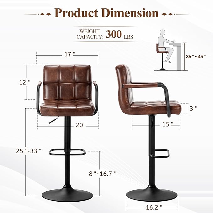 Furniliving Swivel Bar Stools Set of 4, Adjustable Kitchen Counter Height BarStools with Arms, PU Leather Upholstered Bar Chair with Back and Footrest for Dining Room, Kitchen, Pub, Bar (Darkbrown)