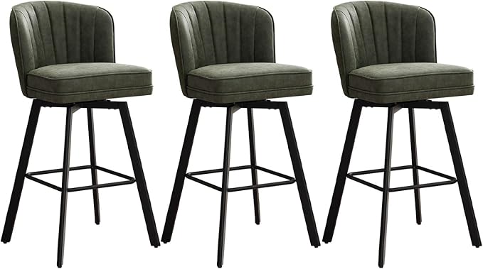 Swivel Counter Height Bar Stools Set of 3, 30'' Modern Barstools with Backs and Metal Legs, Upholstered Bar Chairs, Faux Leather Green Stools for Kitchen Island Chairs