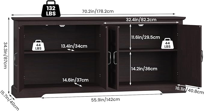 70" Sideboard Buffet Cabinet with Storage, Coffee Bar Cabinet with and 4 Doors, Long Wider Storage Cabinet Modern Farmhouse, Brown Wood, for Kitchen, Dining Room, Living Room