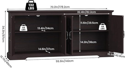 70" Sideboard Buffet Cabinet with Storage, Coffee Bar Cabinet with and 4 Doors, Long Wider Storage Cabinet Modern Farmhouse, Brown Wood, for Kitchen, Dining Room, Living Room