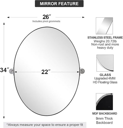 ANDY STAR Oval Bathroom Mirror, 22" x 34" Chrome Stainless Steel Metal Frame Pivoting Mirror for Over Sink with Adjustable Tilting Design, Vanity Mirror for Modern Wall