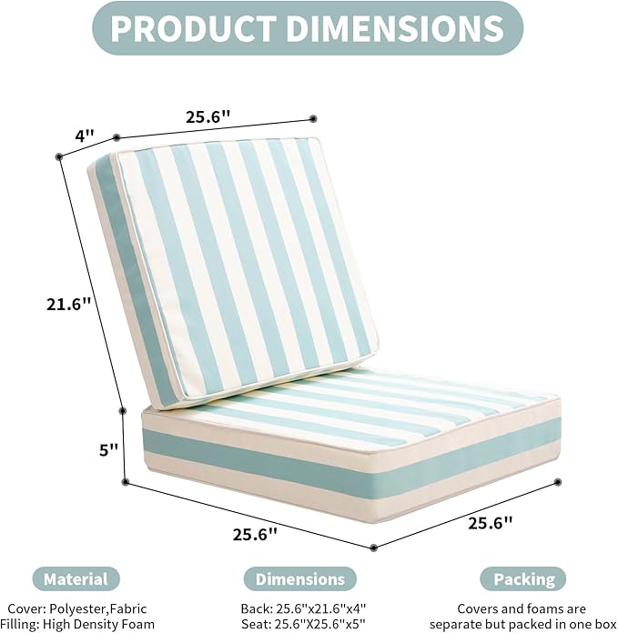 Outdoor Seat Cushions Set for Patio Furniture Deep Seating Patio Cushion Set Weather-Resistant Thick Cushions 25.6" W x 25.6" D x 5”T,Light Blue Stripes