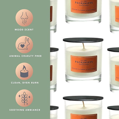 Pecksniff's Classic Gingerflower & Patchouli Scented Candle - Single Wick in Elegant Glass Vessel, 184g/6.49oz