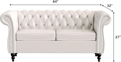 LEVNARY Leather Sofa, Chesterfield Tufted Upholstered 2 Seater Couch, Modern Loveseat Couch Classic Furniture for Living Room Bedroom (Cream White)