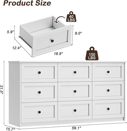 Dresser for Bedroom, 59.1" Wide White Dressers, Large Dressers & Chests of Drawers with Large Capacity for Bedroom, Hallway, Entryway, Closet