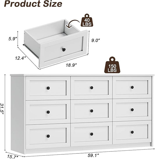 Dresser for Bedroom, 59.1" Wide White Dressers, Large Dressers & Chests of Drawers with Large Capacity for Bedroom, Hallway, Entryway, Closet